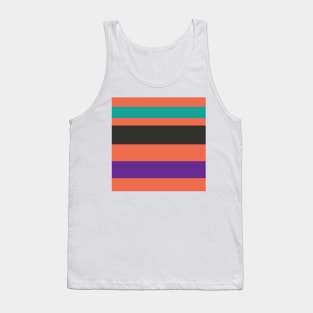 A scarce harmonization of Light Red Ochre, Faded Orange, Purple, Blue/Green and Dark Charcoal stripes. Tank Top